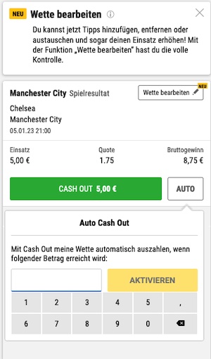 Cash Out, Auto Cashout und Wette Bearbeiten bei Bwin auf einen Blick im Wettschein.