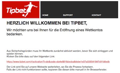 Screenshot des Tipbet Bestätigungs Email