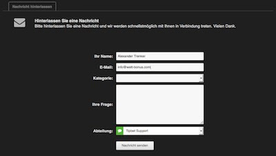 Screenshot des Tipbet Kontakt Formular