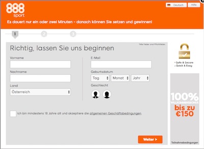Screenshot des 888sport Registrierungsformulars