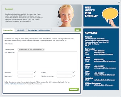 Screenshot des Kontaktformulars auf der Bet-at-home Webseite