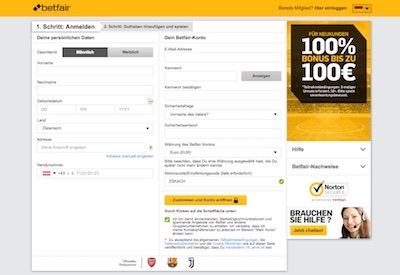 Screenshot der Registrierung bei Betfair