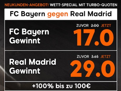 Bayern München gegen Real Madrid Quotenboost bei 888sport