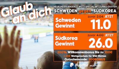 888sport: Quote 11.0 auf Schweden, 26.0 auf Korea