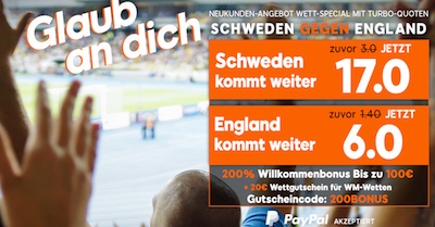 888sport Quotenboost zu Schweden gegen England