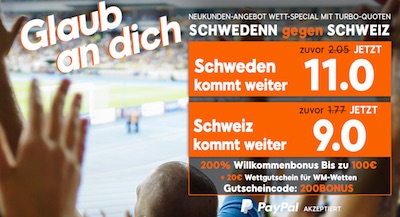888sport: Quote 11.0 auf Schweden, 9.0 auf die Schweiz