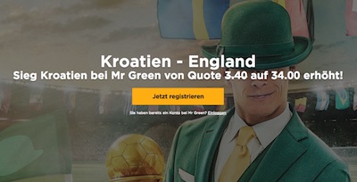 Mr.Green: Quoten Turbo zu Kroatien vs. England