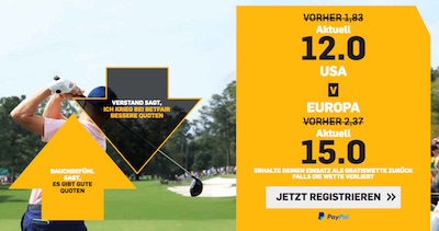 Ryder Cup Angebot von Betfair: 12.0 auf USA, 15.0 auf Europa