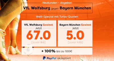 888sport: Quotr 67.0 auf Wolfsburg, 5.0 auf Bayern