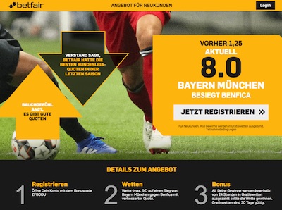 Betfair Quotenboost zu Bayern v Benfica