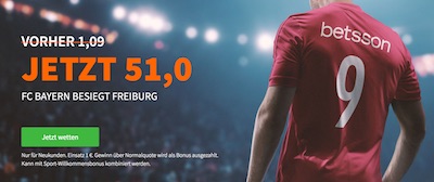Betsson mit Quote 51.0 auf Bayern besiegt Freiburg