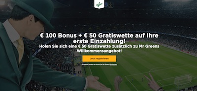 Mr Green Bonus für Neukunden 100€ + 50€ Freebet