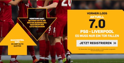 PSG-Liverpool: 7.0 auf über 0,5 Tore bei Betfair