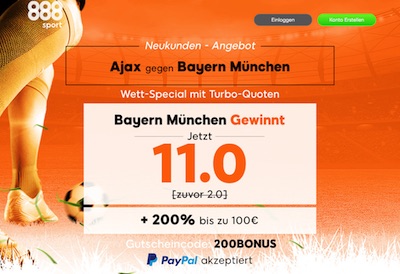 Quote 11.0 auf Bayern besiegt Ajax (888sport)