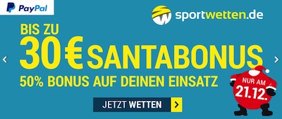 21. Dezember: 30€ Guthaben für deine Wette bei sportwetten.de