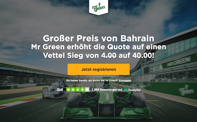 Mr Green erhöht die Quote auf Vettel beim Bahrain GP