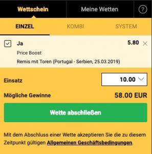 Bwin Price Boost zu Portugal gegen Serbien