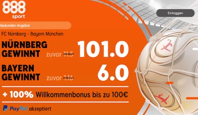 Quotenhighlight bei 888sport: 101.0 auf Nürnberg, 6.0 auf Bayern