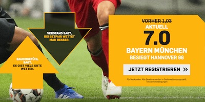 Quote 7.0 auf Bayern gewinnt vs. Hannover 96 bei Betfair