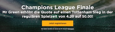 Mr Green erhöht die Quote auf Tottenham im CL Finale