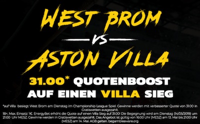 Energybet: Quote 31.0 auf Aston Villa gewinnt bei West Bromwich