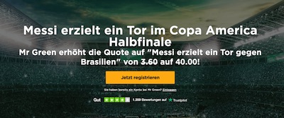 Quote 40.0 auf Messi trifft bei BRA vs ARG bei Mr Green!