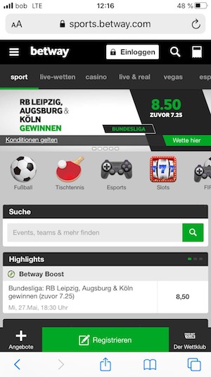 Screenshot der mobilen App von Betway