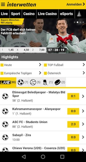 Screenshot der Interwetten Wett App