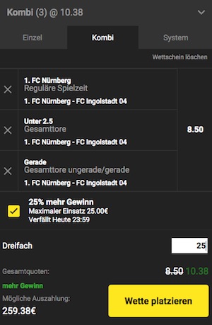 Unibet Nürnberg vs. Ingolstadt Wettschein inklusive Profit Boost