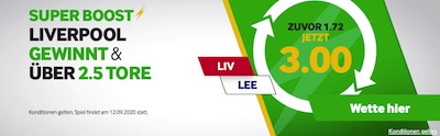 Quote 3.0 auf Liverpool schlägt Leeds + über 2,5 Tore (Betway)