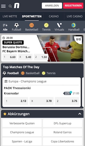 Screenshot der Novibet Web-App