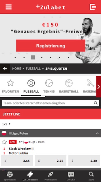 Screenshot der Zulabet Web-App