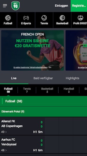 Screenshot der Bet90 Sportwetten App