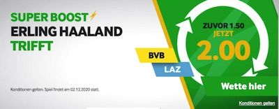 Betway Super Boost Quote Erling Haaland trifft BVB Lazio wetten