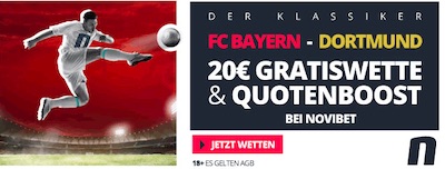 Novibet winkt mit 20€ Gratiswette zu Bayern Dortmund