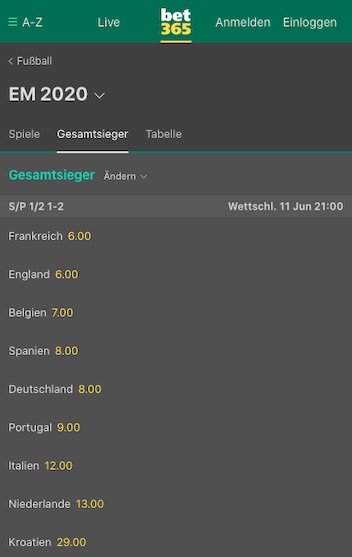Wette auf die Euro 2021 bei Bet365