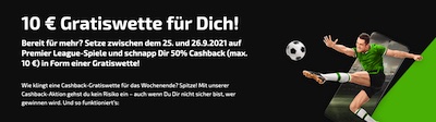 Bis zu 10€ Freebet retour für verlorene Premier League Wetten bei Mobilebet