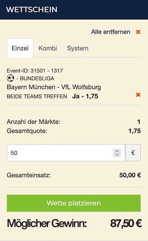 Wettschein zum Spiel Bayern-Wolfsburg bei HappyBet