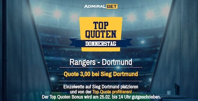 Quote 3.0 auf Dortmund vs. Rangers bei Admiralbet