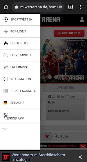 Screenshot aus der Wettarena mobile App