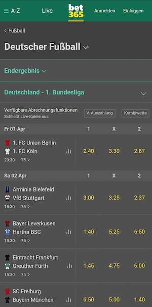 Screenshot der Bundesliga Quoten bei bet365