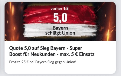 Wette mit Quote 5.0 auf Bayern besiegt U. Berlin