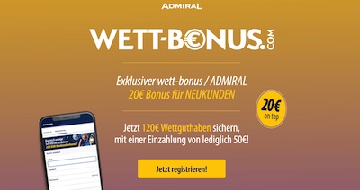 Exklusiver Admiral Bonus mit 100% bis 200€ + 20€ gratis Bonus