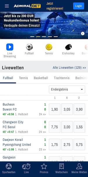 Mobiler Screenshot der Admiralbet App