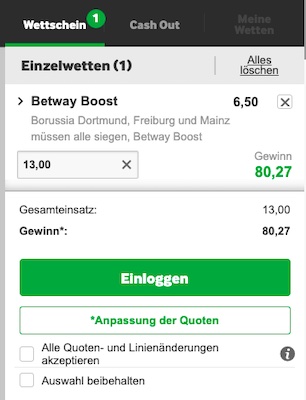 Betway Quote 6.50 auf Dortmund, Freiburg und Mainz
