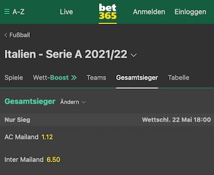 Meister Quoten von Milan und Inter bei bet365