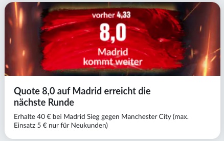 Real kommt weiter zu Quote 8.0 - bei Bildbet!