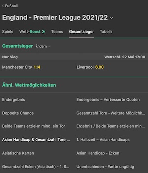 Screenshot der Premier League Meister Quoten vom 19.5.2022 bei bet365