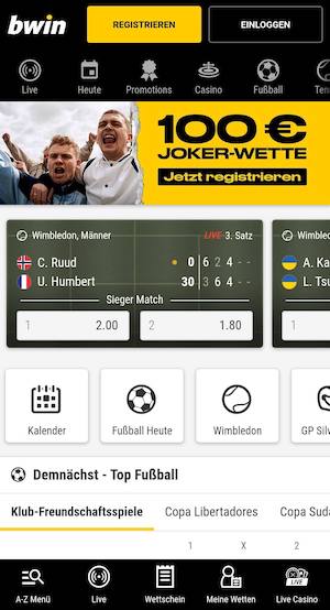 Screenshot der mobilen Startseite von Bwin