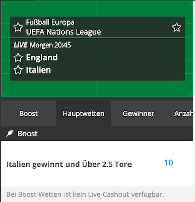 Italien gewinnt und über 2.5 Tore zu Quote 10.0 bei Neo.bet